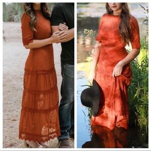 Lulus Dreaming of You Rust Orange Swiss Dot Midi Dress